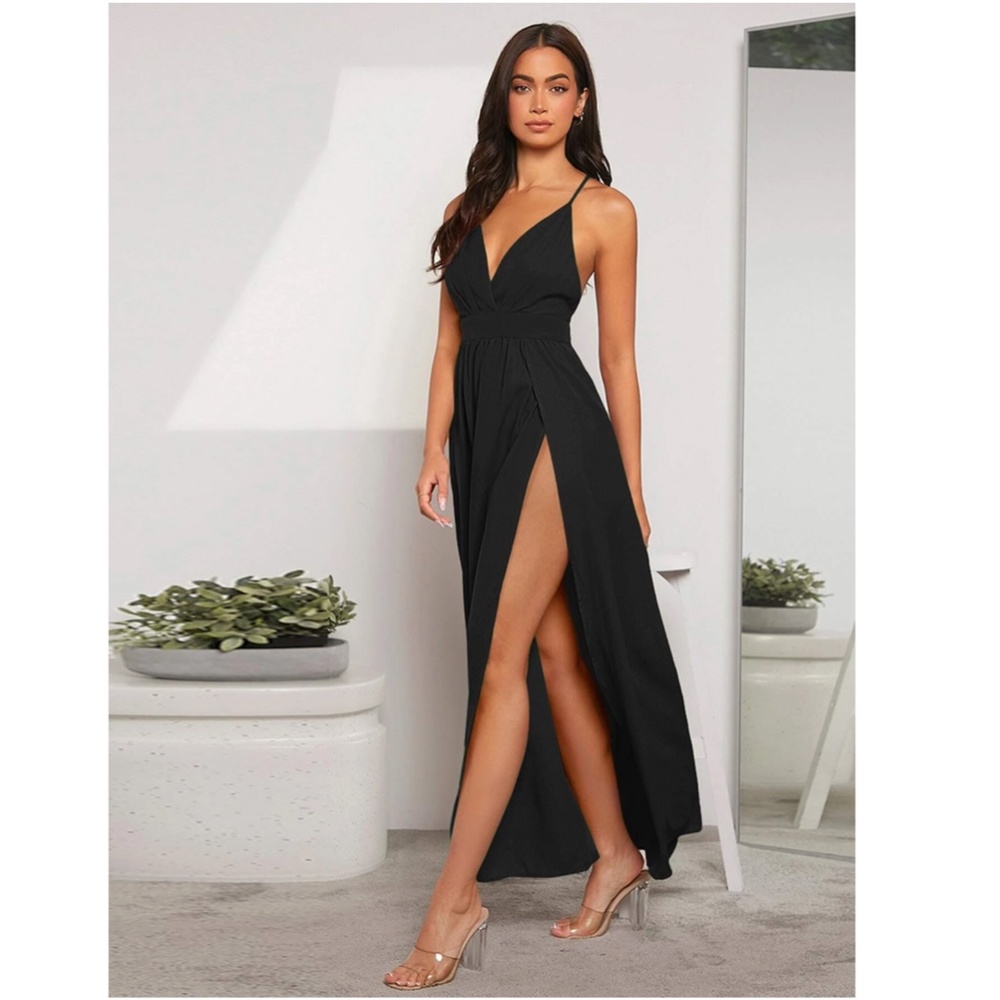 Deep V Backless High Leg Slit Maxi Dress in Black - Picture 2 of 14